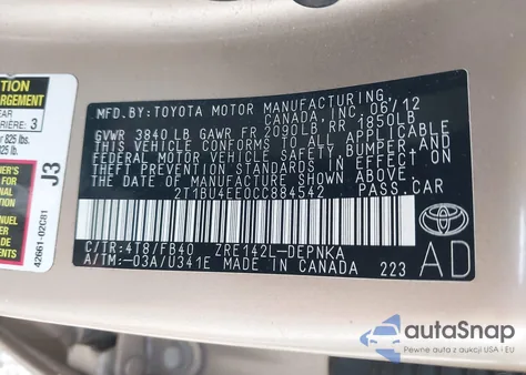 2012 Toyota Corolla Le from USA, damaged, VIN 2T1BU4EE0CC884542